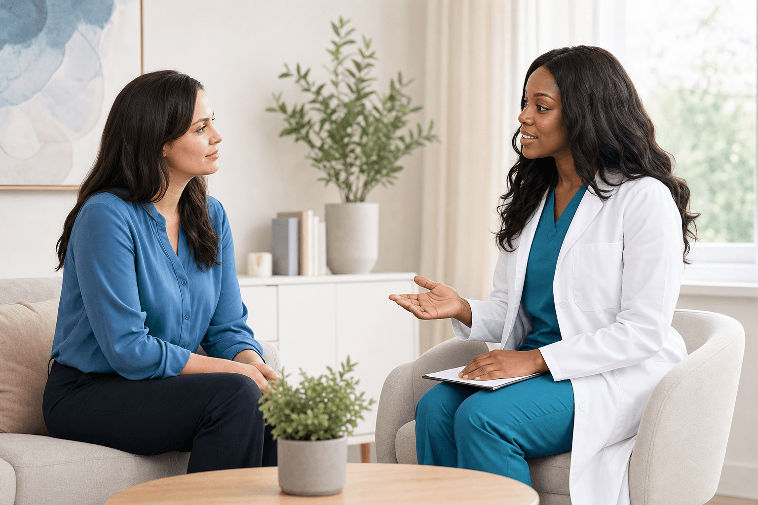 A pelvic floor physiotherapist speaking with a client