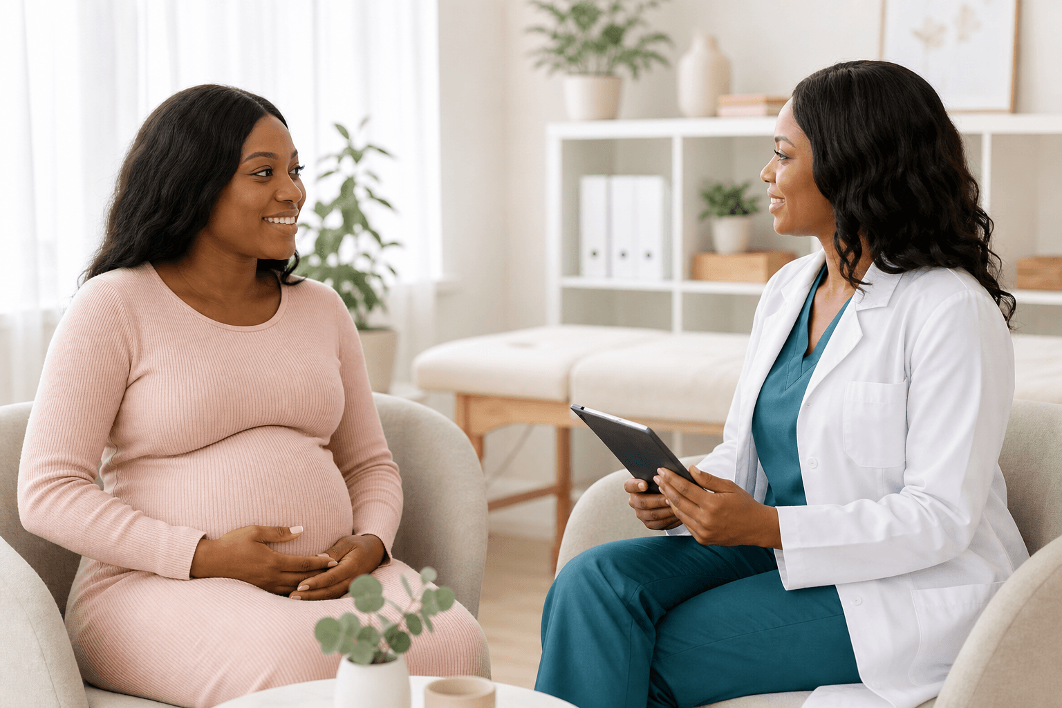 A pregnant client in conversation with a pelvic floor physiotherapist